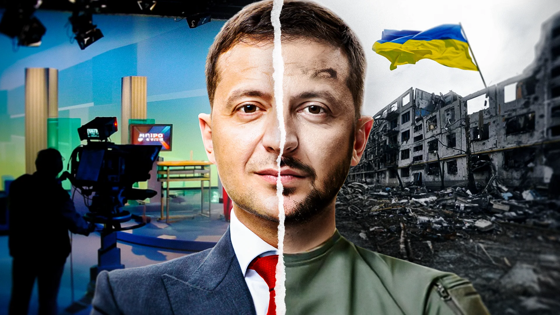 Volodymyr Zelensky devant une ville détruite