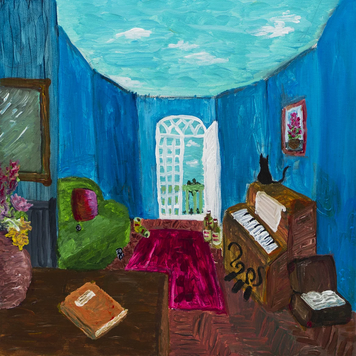 Peinture d'un salon bleu avec piano